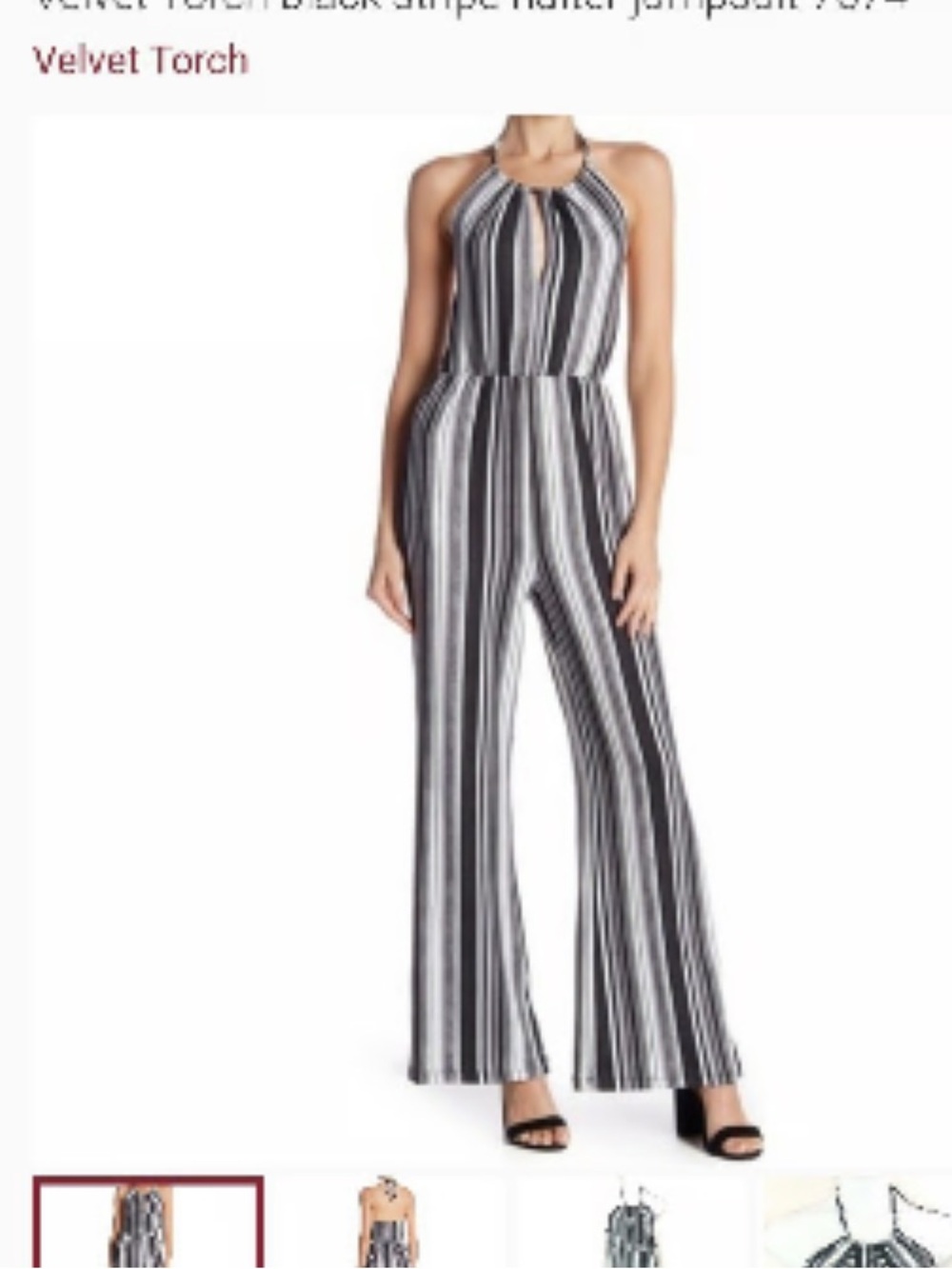 Velvet Torch Black and White Vertical Stripe Halter Jumpsuit